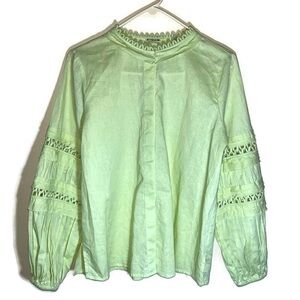 Elie Tahari Linen Cotton Blend Puff Sleeve  Cut Out Detail Blouse